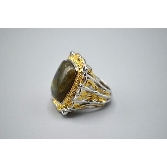 Cocktail Ring Green Stone Sterling Silver 925 NH Vermeil Size 7 Moss Agate? - Picture 1 of 8